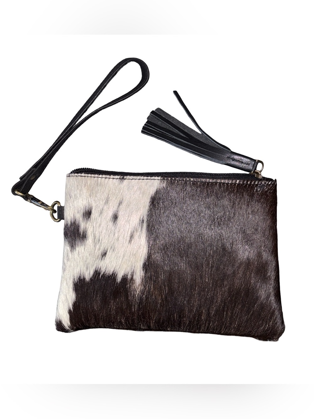 Genuine Cowhide Leather Wristlet Clutch Black Brown White Hair Tassel Bag